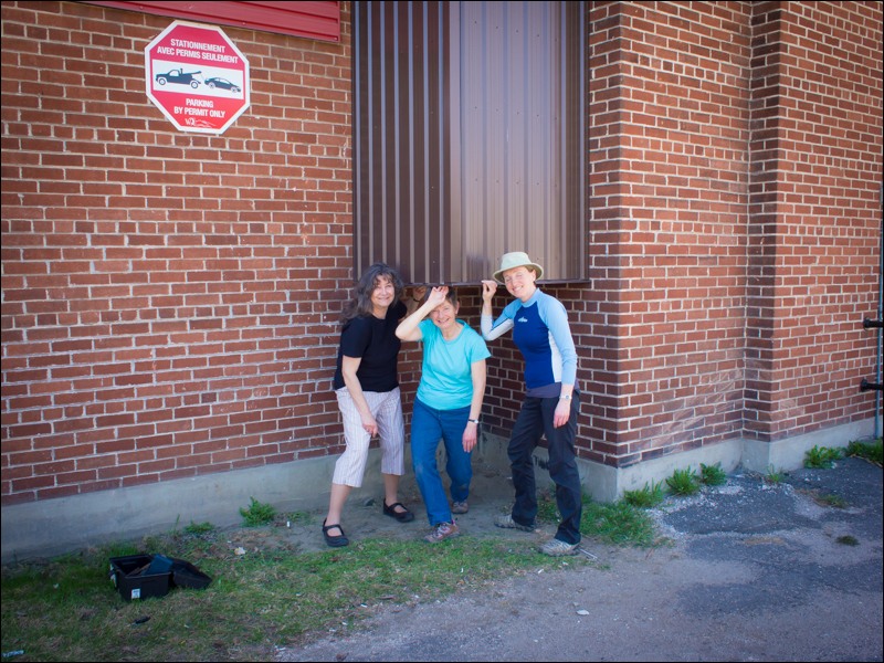 Marilee, Deb and Claire at the roost for inspection a few days before the birds' return. May 2, 2015